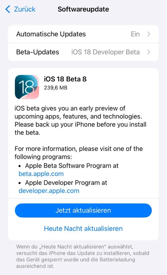 驻马店苹果手机维修分享苹果 iOS / iPadOS 18 开发者预览版 Beta 8 发布 
